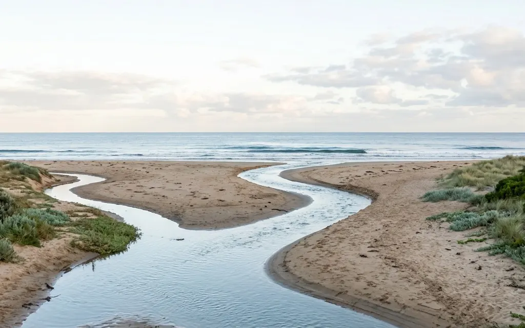 Two calm coastal streams merging into one channel, suggesting two conditions treated as one connected path
