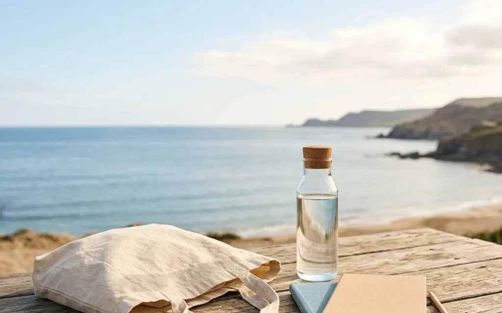 A simple canvas tote bag, a water bottle, and a folded notebook on a sunlit wooden table
