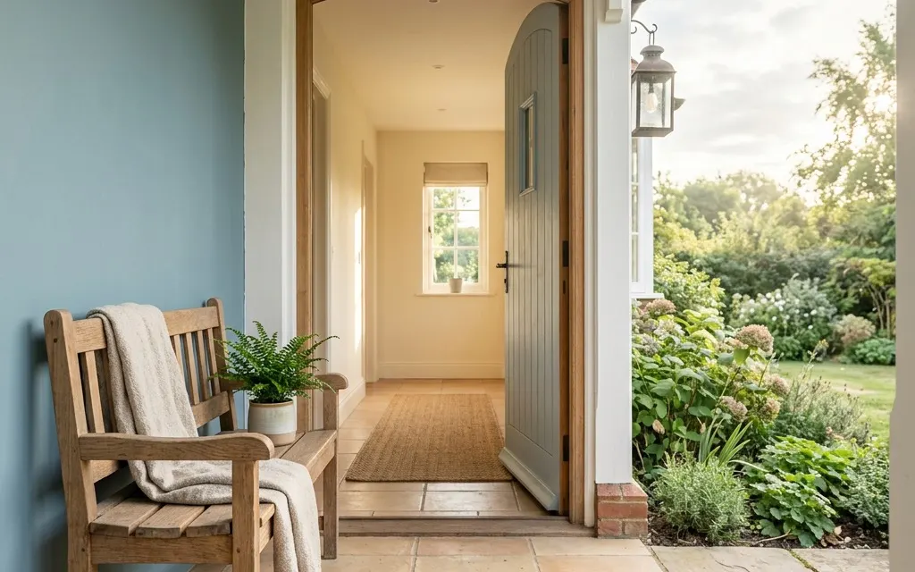 A calm sunlit entryway with a bench and soft morning light, suggesting the start of a daytime program
