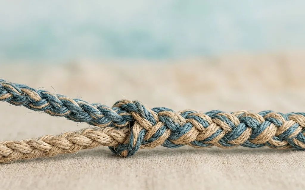 Two woven ropes braided into a single stronger cord against a soft neutral background, suggesting two threads handled as one