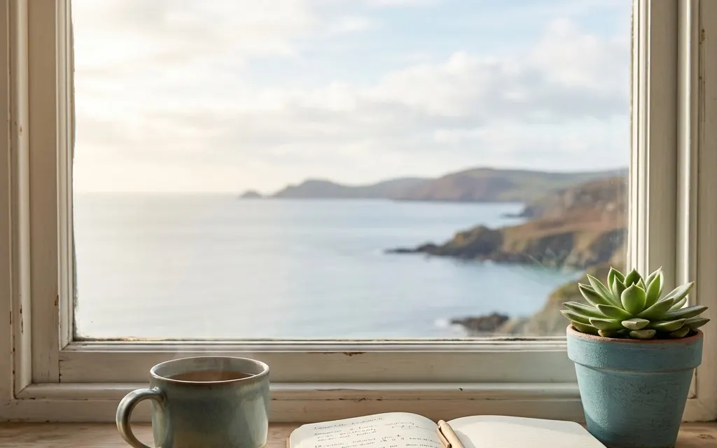 A quiet sunlit windowsill with a mug of tea, an open notebook, and a small potted plant, no people