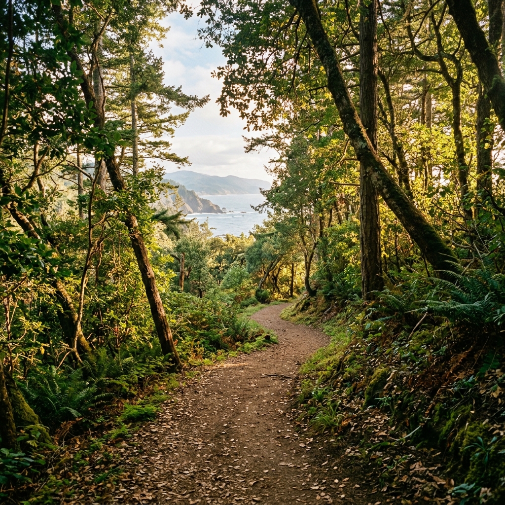 A serene, well-lit forest path winding towards a sunny coastline representing a safe path forward