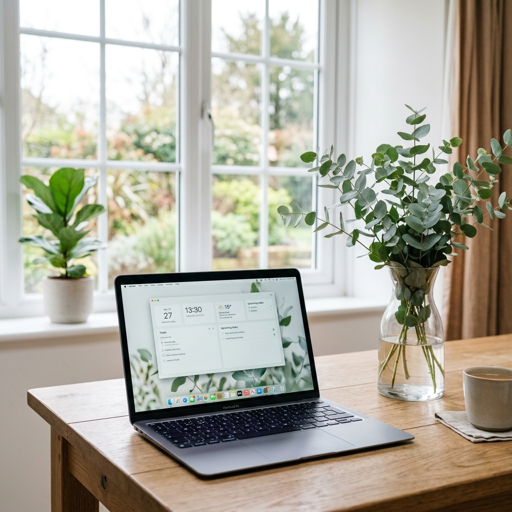 A workspace with a laptop showing a clean video consultation screen, next to fresh eucalyptus leaves